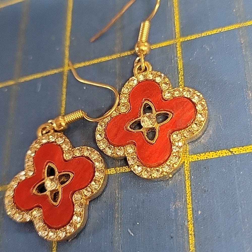 Gold Tone & Red Enamel Floral Earrings New